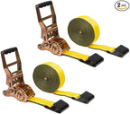 Mytee Products 2 Pack 4" x30' Self-Tensioning Ratchet Tie Down Straps with Flat Hooks - 5,400 Lbs WLL - Heavy Duty Tie Down Ratchet Straps for Flatbed, Truck, Trailers, Cargo, Pickup - Yellow