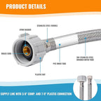 SUNGATOR 16'' Toilet Water Supply Line, 7/8" Ballcock x 3/8" Compression Toilet Hose Connector, 16 Inch Braided Stainless Steel Water Supply Line with 1 Wrench and Sealing Tape(1 Pack)