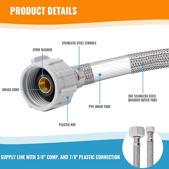 SUNGATOR 9'' Toilet Water Supply Line, 7/8" Ballcock x 3/8" Compression Toilet Hose Connector, 9 Inch Braided Stainless Steel Water Supply Line with 1 Wrench and Sealing Tape (2 Pack)