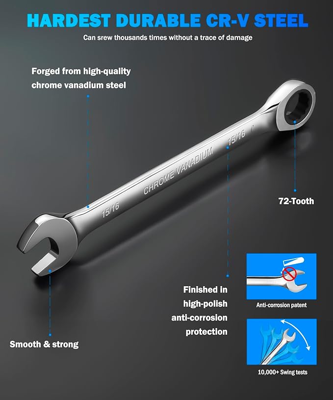 DISEN 15/16 Inch Ratchet Wrench，15/16" Wrench with 72-Tooth Chrome Vanadium Steel，24mm Standard Box End and Open End Ratcheting Wrench for Home Improvement