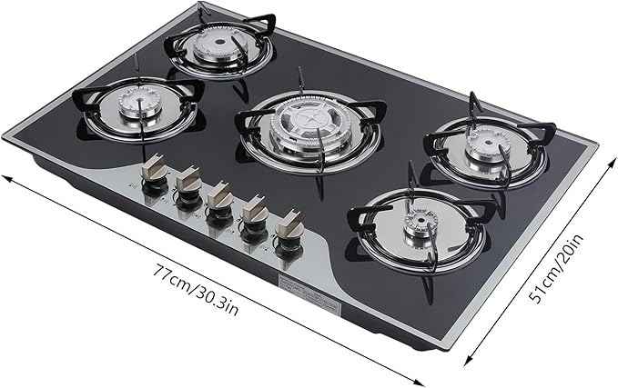5 Burner Built-in Stainless Steel Gas Stove Top,30 Inch Gas Cooktop LPG/NG Gas Cooktop with 5 Adjustable Hob Burners for Commercial Household