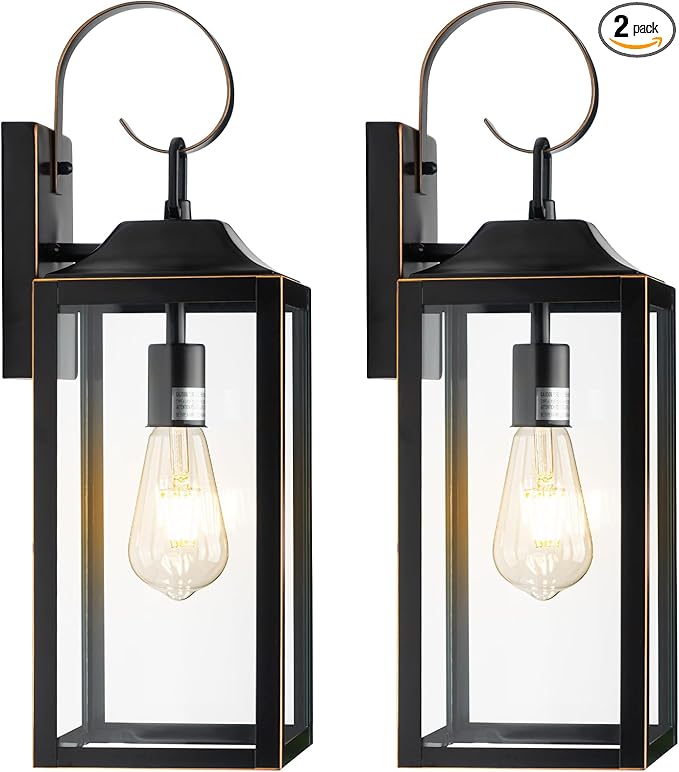 19" Large Outdoor Wall Lights 2 Pack, Black Exterior Light Fixtures, Outdoor Sconces Wall Lighting Porch Lights, Waterproof Wall Lamp for House, Doorway, Garage, Black Metal with Gold Trim