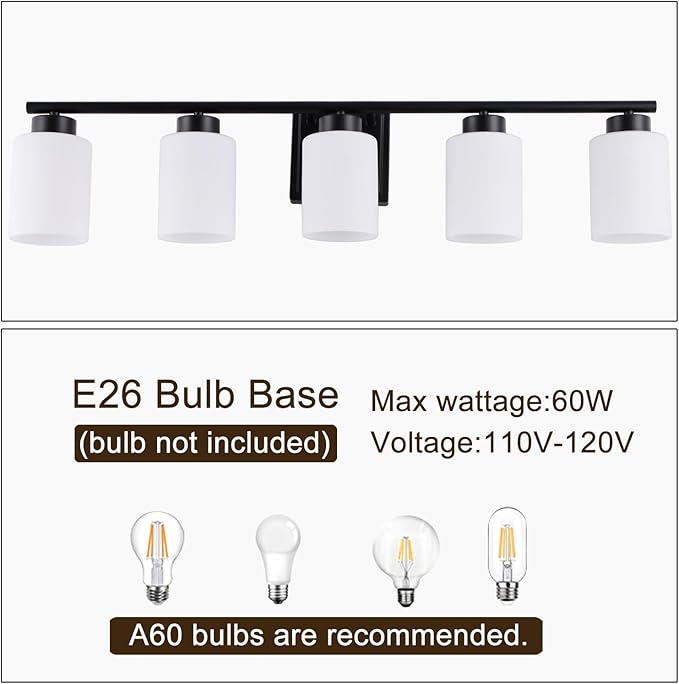 5 Light Bathroom Light Fixtures, 33.3 Inches Vanity Lights for Mirror, Black Vanity Lighting Fixtures with Milky White Glass Shades