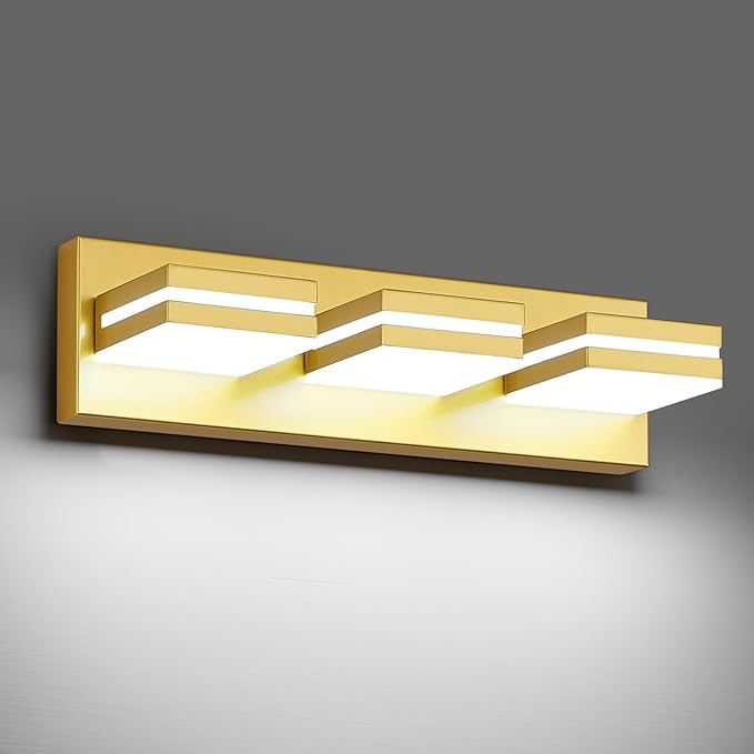 Modern LED Bathroom Lights Fixtures(3-Light),Metal Gold Acrylic Wall Lighting,Vanity Lights for Bathroom Over Mirror 6000k 16In