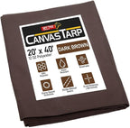 Mytee Products 20' x 40' Dark Brown 12oz Canvas Tarp with Grommets - Water Resistant - Heavy Duty Canvas Tarps - Multipurpose Tarpaulin Cover for Canopy Tent, Roof, Camping, Semi Trucks & Cargo