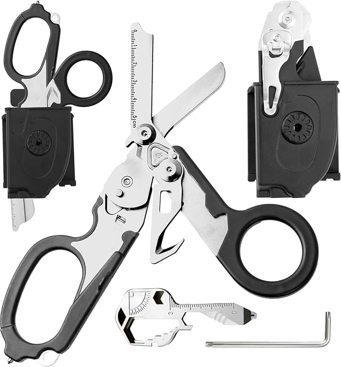 Heavy Duty 6 in 1 Multipurpose Emergency Trauma Shears Scissors with Holster - Outdoor Camping Rescue Tools with Glass Breaker & Strap Cutter Stainless Steel Foldable Scissors Pliers Silver