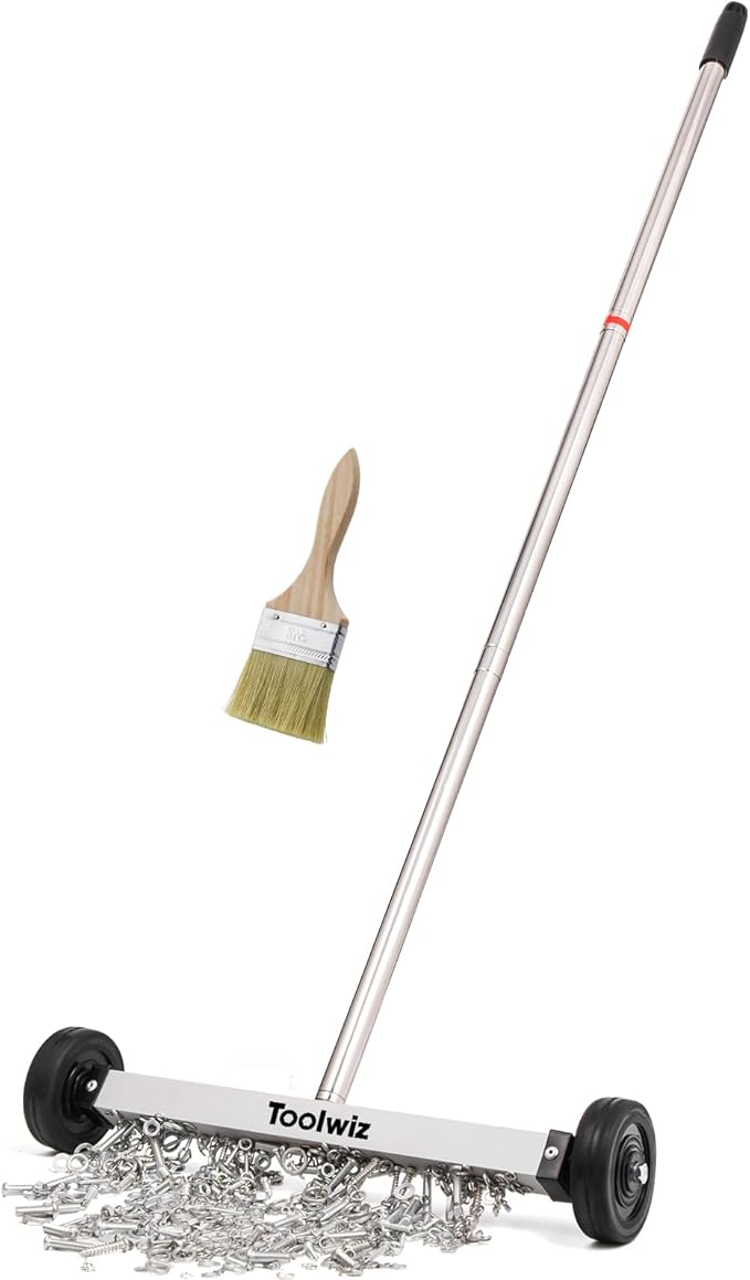 Toolwiz Magnetic Pick Up Sweeper 15-inch Heavy Duty Magnet Pickup Lawn Sweeper Roofing Tools, 10 Lbs Yard Tools with Telescoping Holder and Wheels to Clean Nails Adjustable Handle for Construction