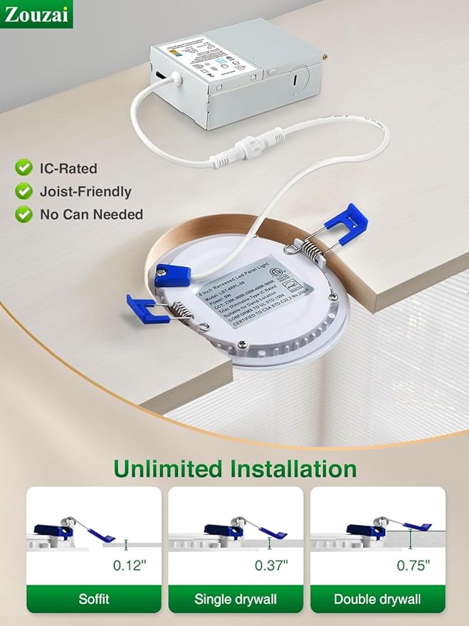 zouzai 1 Pack 8 Inch 18W Eqv 150W 1620LM 5CCT Ultra-Thin LED Recessed Ceiling Light with Junction Box, 2700K/3000K/3500K/4000K/5000K Selectable, 18W Eqv 125W, Dimmable - ETL and Energy Star Certified