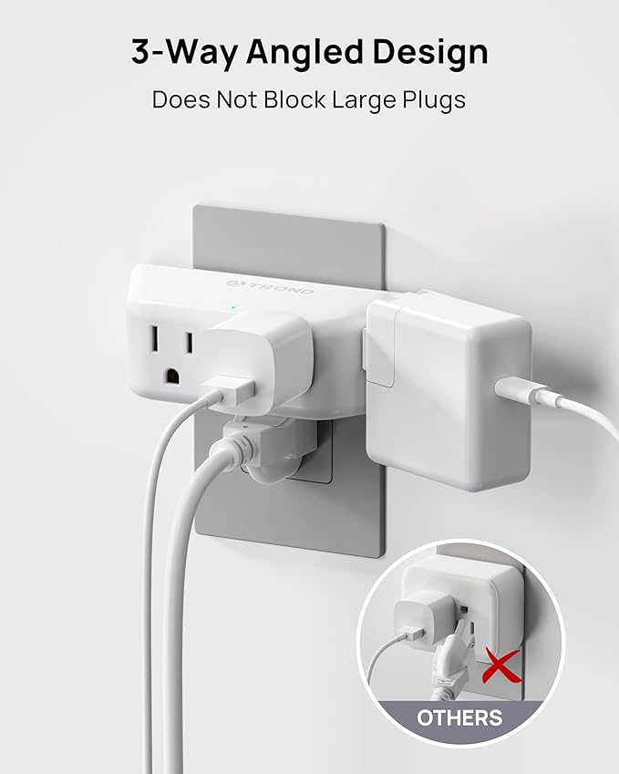 TROND Outlet Extender Surge Protector - Multi Plug Wall Outlet with 4 Grounded Sockets, 3 Way Angled Plug Adapter, 900J, Electrical Wall Splitter for Home Office Travel Dorm Room, White