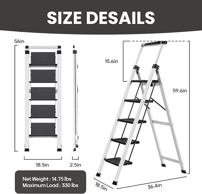 XinSunho 5 Step Ladder, Aluminum Folding Stool with Retractable Handrails & Tool Tray, Anti-Slip, Sturdy Lightweight, 330lbs Safety for Kitchen Indoor Outdoor