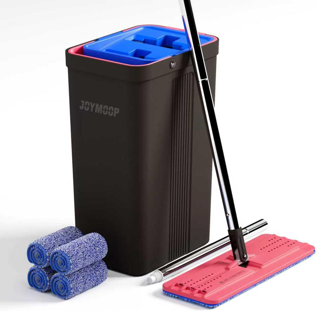 JOYMOOP Mop and Bucket with Wringer Set, Hands Free Flat Floor Mop and Bucket, with 4 Washable Microfiber Pads, Wet and Dry Use, Floor Cleaning System - Black+Red+Slate Blue