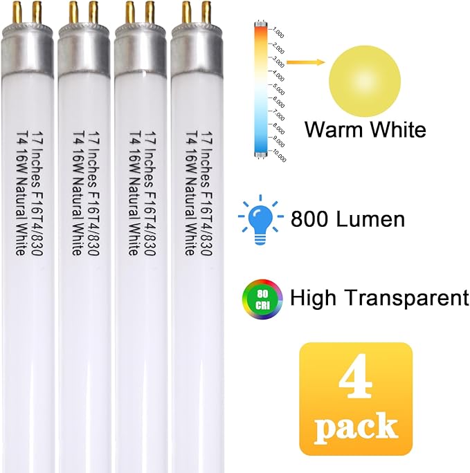 F16T4 17 Inch Fluorescent Light Bulb 16W for Furnlite FC 952, T4 16 Watt Fluorescent Tube for Westek 20125 FA200WBC, Warm White G5 Base 4 Pack
