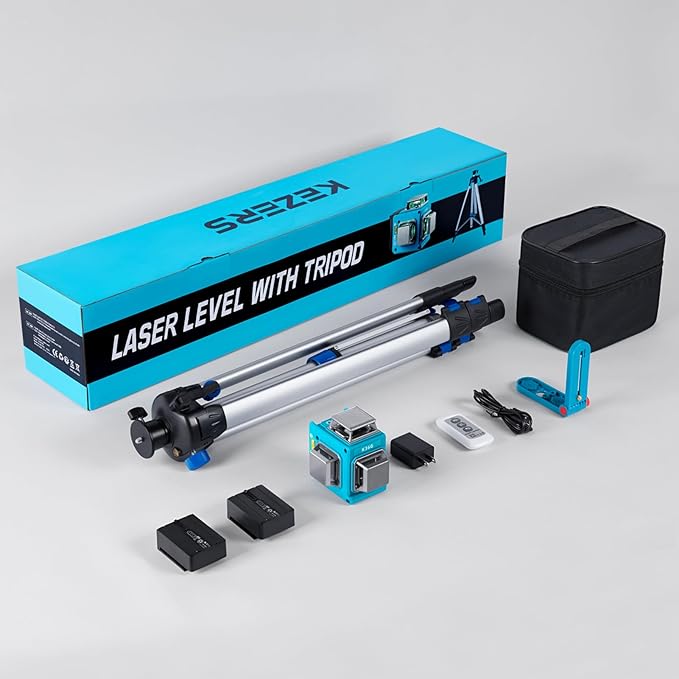 KEZERS Laser Level with Tripod,3 x 360 Self Leveling Laser Level, Green Line Laser 3D Laser Leveler Tool with 2 Rechargeable Batteries,Indoor,for Picture Hanging,Tile,Home Renovation