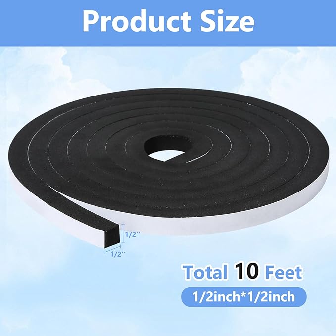 Weather Stripping Door Seal Strip- 1/2 Inch X 1/2 Inch X 10Feet, Strong Adhesive, Lightproof, Soundproof, Weatherproof Foam Tape Insulation for Sliding Door, Front Door Frame, Windows- Black