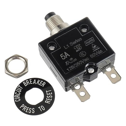 HUWREW 5 Amp Push Button Circuit Breaker 125-250V AC 50V DC L1 Series Manual Reset Thermal Circuit Breaker 5A Thermal Overload Protector
