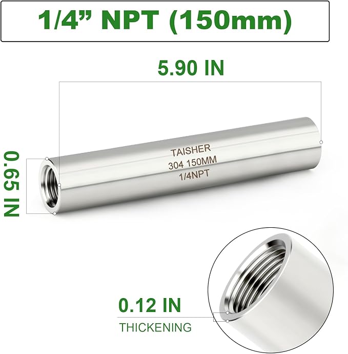 TAISHER 2PCS Stainless Steel Pipe Fittings, 1/4" NPT Female x 1/4" NPT Female Threaded, 6" Length Thickened Nipple Cast Pipe
