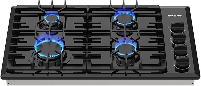 GASLAND 30 Inch Gas Cooktop Black, 4 Sabaf Sealed Burner Gas Stovetop, 4 ft Cord Plug, Heavy Duty Cast Iron Grates with Metal Knobs, 28,300 BTU NG/LPG Convertible