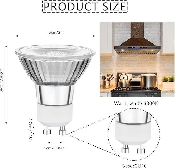 6W LED GU10 Range Hood Light Bulbs, LED Stove Appliance Light Bulb, Kitchen Light Replacement, 50W Halogen Light Bulb Equivalent, Warm White 3000K, 550 Lm, Waterproof IP65, Dimmable, 2 Pack