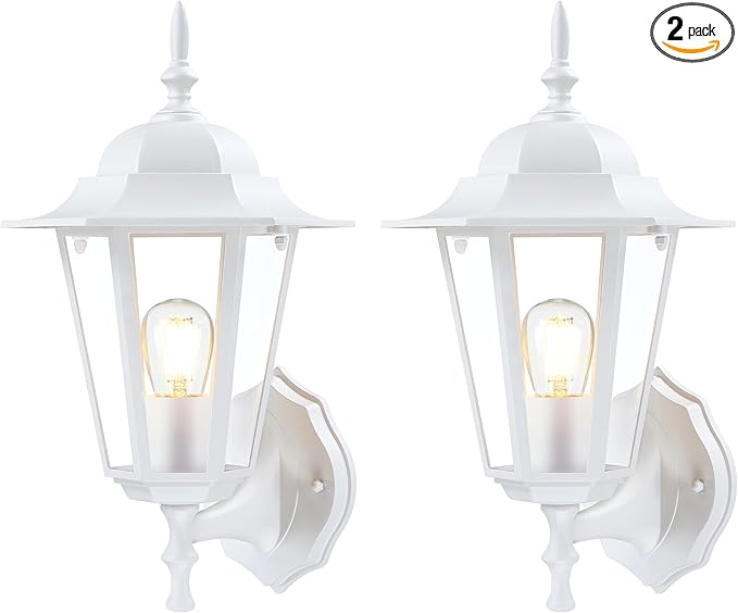 GRUENLICH Outdoor Wall Lantern, Wall Sconce as Porch Lighting Fixture with E26 Medium Base, Aluminum Housing Plus Glass, Water-Proof Rated, Bulb Not Included, White Finish, 2 Pack