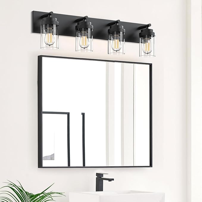 Bathroom Vanity Light Fixture with Clear Glass Shade, 4-Light Matte Black Bathroom Light Fixtures Over Mirror, Modern Vanity Lighting Fixtures for Bathroom/Living Room/Bedroom, E26 lamp Holder