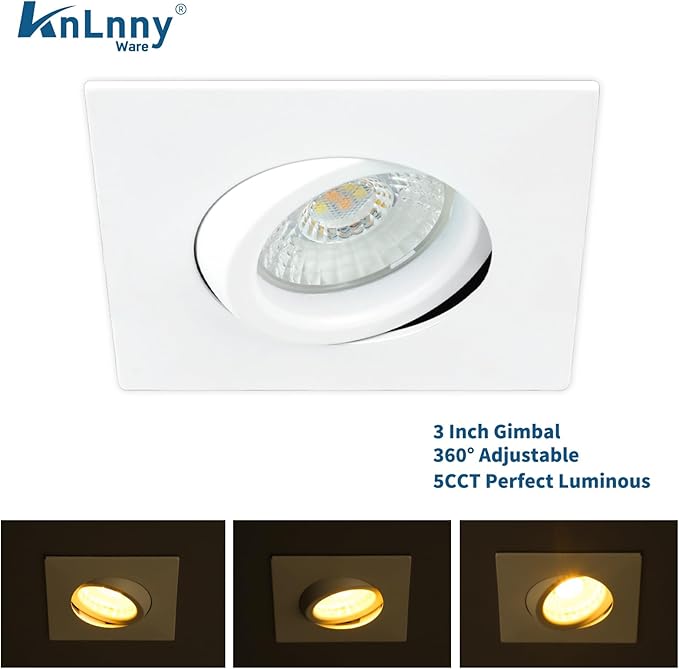 Square Recessed Lighting 3 Inch 6 Pack, Ajustable Eyeball recessed Light with Junction Box,5 Color Selectable,Airtight,7W 550LM,Dimmable,White