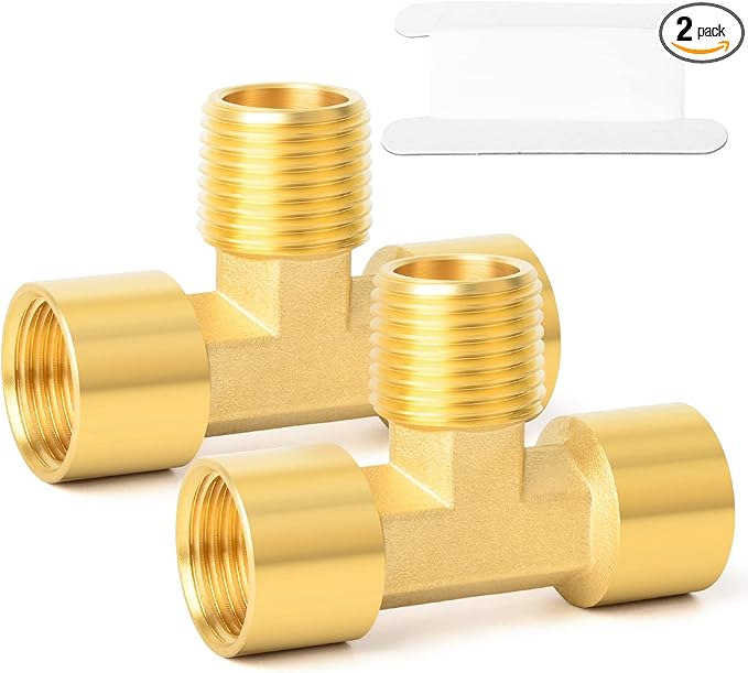GASHER 2PCS Metals Brass Pipe Fitting Barstock Male Branch Tee T Adapter 1/2" NPT Female x 1/2" NPT Female x 1/2" NPT Male
