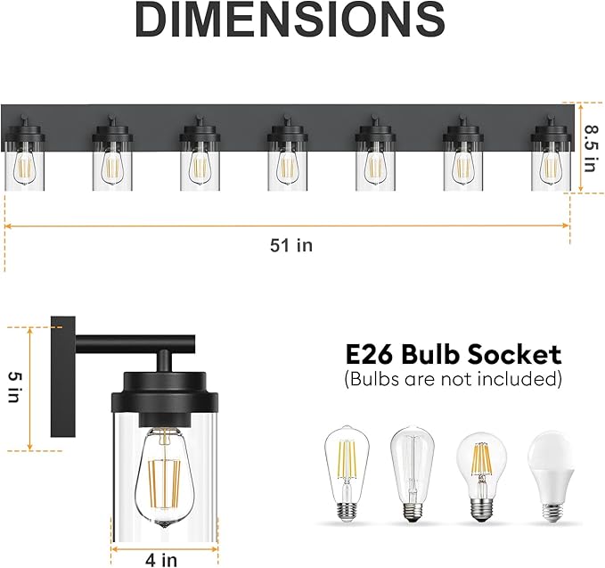 IZORRO Bathroom Vanity Light Fixture, 7-Light 51 Inch Matte Black Bathroom Light Fixtures Over Mirror, with Clear Glass Shade, Modern Farmhouse Vanity Lights, Rustic Restroom Lighting Fixtures