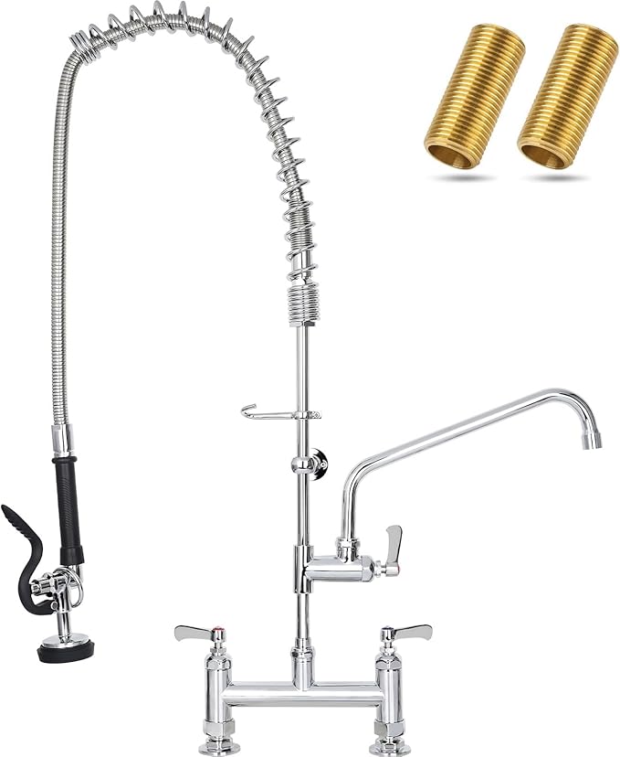 36" Height Commercial Sink Faucet Deck Mount with Pre-Rinse Sprayer, Commercial Kitchen Faucet with 10" Add-on Swing Spout Faucet & Spring Pull Down Sprayer, 8" Adjustable Center Kitchen Faucet