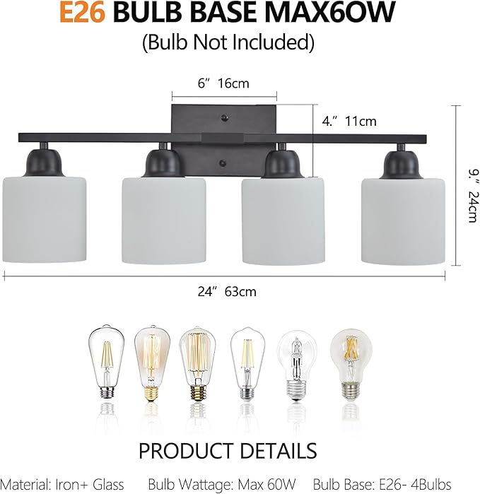 Bathroom Light Fixtures, 4-Light Modern Vanity Light with Milky White Frosted Glass Shades, E26 Socket Wall Lamp, Bathroom Lighting Fixtures Over Mirror Bedroom, Dressing Room (Matte Black, 4-Light)