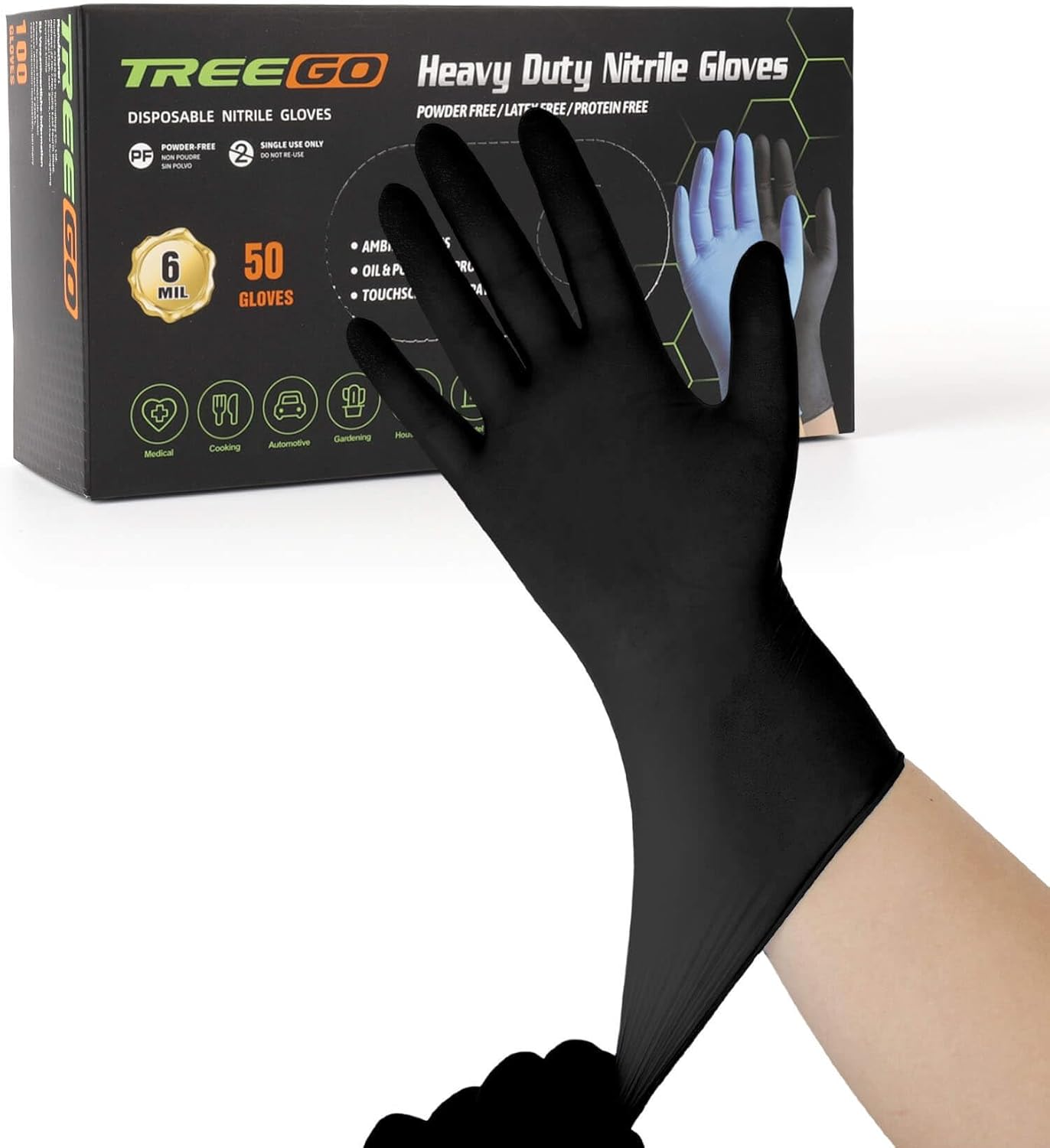 TREEGO 6 Mil Nitrile Gloves – Medical Grade Heavy Duty Disposable Gloves, Latex & Powder Free, Chemical Resistant