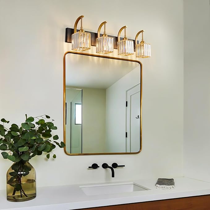 Crystal Vanity Lights 4-Light Black Gold Bathroom Vanity Lights Modern Crystal Bathroom Light Fixtures Over Mirror 32.67" Long Vanity Light for Bathroom