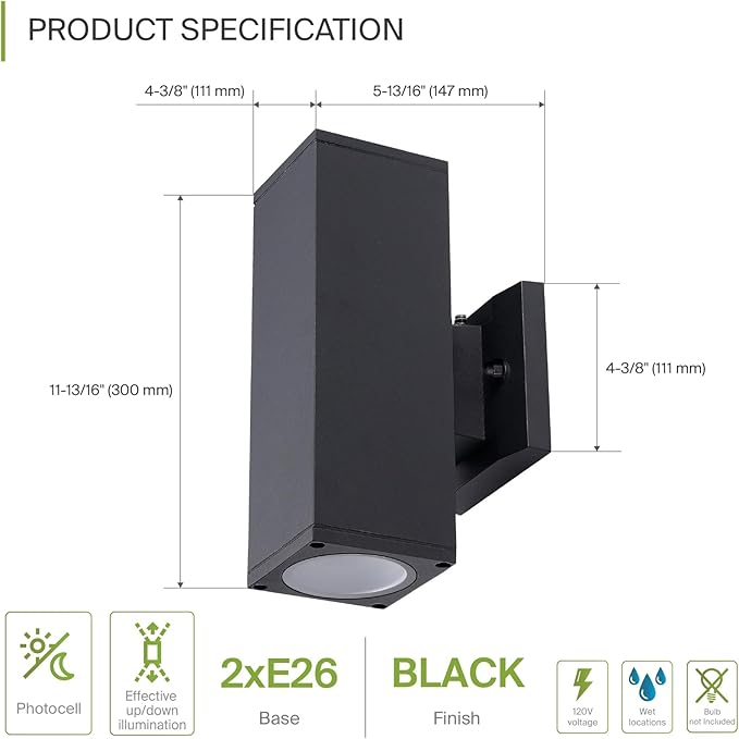 ASD 2 Light Square Dusk to Dawn Outdoor Wall Light Fixture | 120W E26 Bulb Socket 120V ETL Cylinder Up Down Lights | LED/CFL/Incandescent Bulb Wall Sconce | Front Door, Porch, Patio | Black