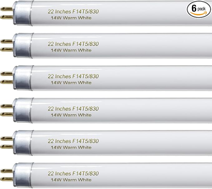 22 Inch T5 Fluorescent Light Bulb 14 Watt F14T5/WW Compatible with Sylvania Satco Philips GE Under Cabinet Lamp Light 3000K Warm White 800 Lumen G5 Base 6 Count