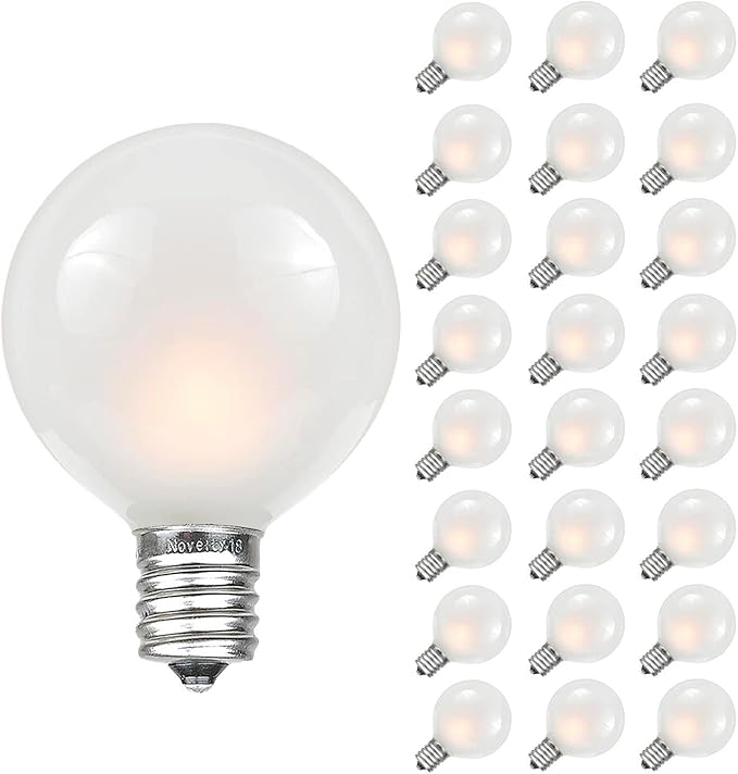 Novelty Lights 25 Pack G40 Frosted White Outdoor Globe Bulbs, Light Bulbs Glass Incandescent Bulbs with 3000 Hour Lifespan, Globe String Lights Replacement Bulbs