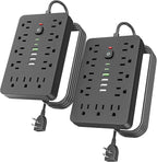 2PCS 5 FT Flat Plug Surge Protector Power Strip,11 Multiple AC Outlets with 6 USB Ports (2 USB C), 5 Feet Extension Cord, 1250W/10A, One Touch Switch Button, 17 in 1 Compact powerstrip