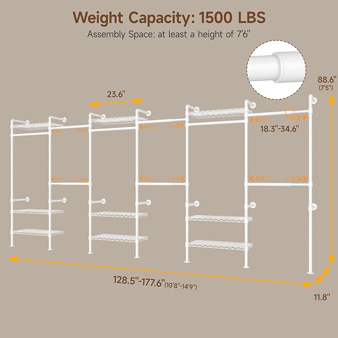 H6 Wall Mounted Closet System, Industrial Pipe Clothes Rack Clothing Racks with 6 Telescopic Rods & 3 Fixing Rods & 9 Shelves, Heavy Duty Closet Organizers and Storage in Wardrobe Closet (White)