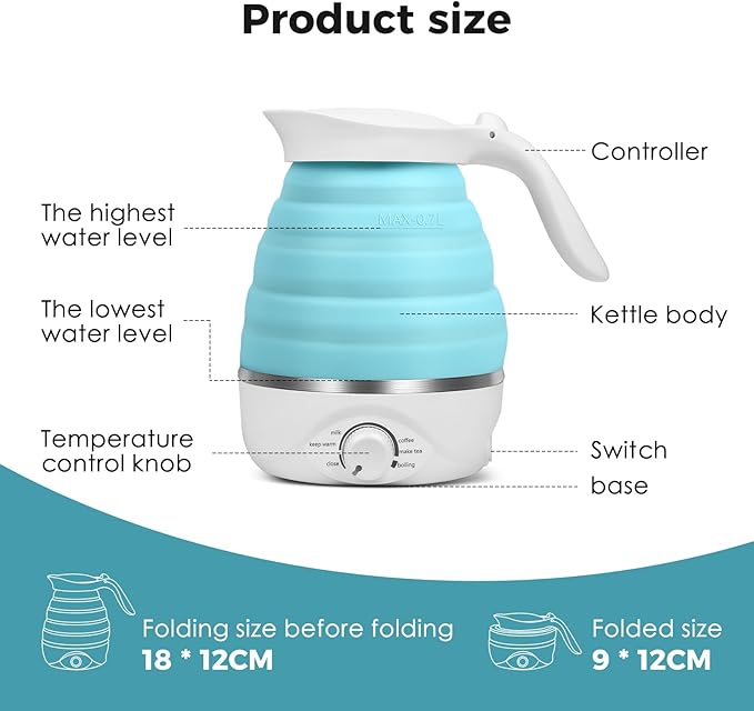 Travel Foldable Electric Kettle, 110V Collapsible Travel Kettle Electric Food Grade Silicone Portable Foldable Electric Kettles 850W Fast Boiling Water 700ml Kettle Electric Portable (Blue)