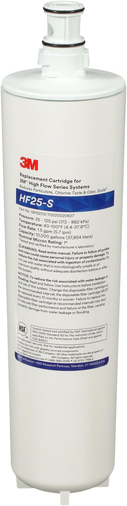 3M HF25-S High Flow Series 3M Genuine Replacement Filter Cartridge for ICE125-S Water Filter System, Reduces Chlorine, Taste and Odor, Scale, and Particulate 1 Micron, 1.5 gpm, 5615203