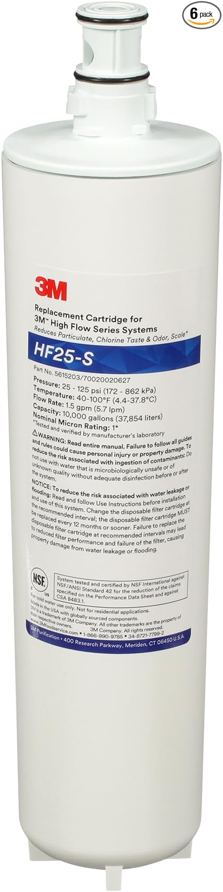 3M HF25-S High Flow Series 3M Genuine Replacement Filter Cartridge for ICE125-S Water Filter System, Reduces Chlorine, Taste and Odor, Scale, and Particulate 1 Micron, 1.5 gpm, 5615203 (Pack of 6)