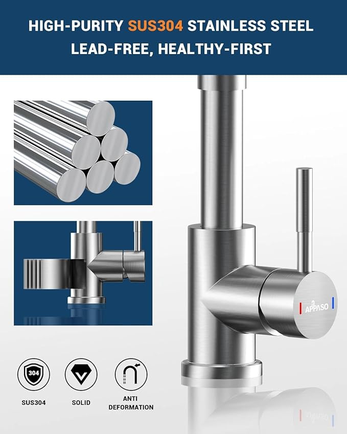 APPASO Kitchen Faucet with Soap Dispenser Brushed Nickel, Pull Down Commercial Single Handle High Arc Faucet for Sink, Stainless Steel Kitchen Faucet for Sink 2 or 4 Hole