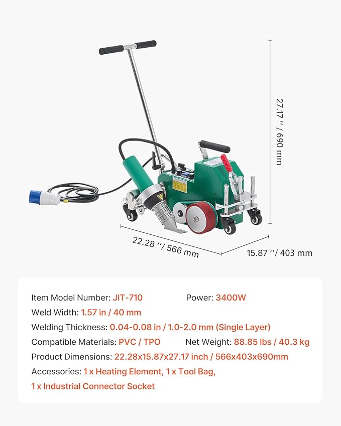 VEVOR Roofing Hot Air Welder, 3400W 220V High Power Plastic PVC TPO Welding Machine - 1.57in Welding Width, 0.04-0.08 in Thickness, 68 ℉-1202 ℉ Heat Roofing Welding Tool, for Waterproofing Advertising