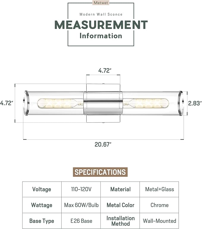 Bathroom Vanity Light Fixtures, Chrome Wall Lights in Clear Glass Indoor Wall Sconce, Modern Wall Light Up and Down Wall Mount Lamp for Bathroom, Bedroom, Hallway, Kitchen, VL834-CH-CL