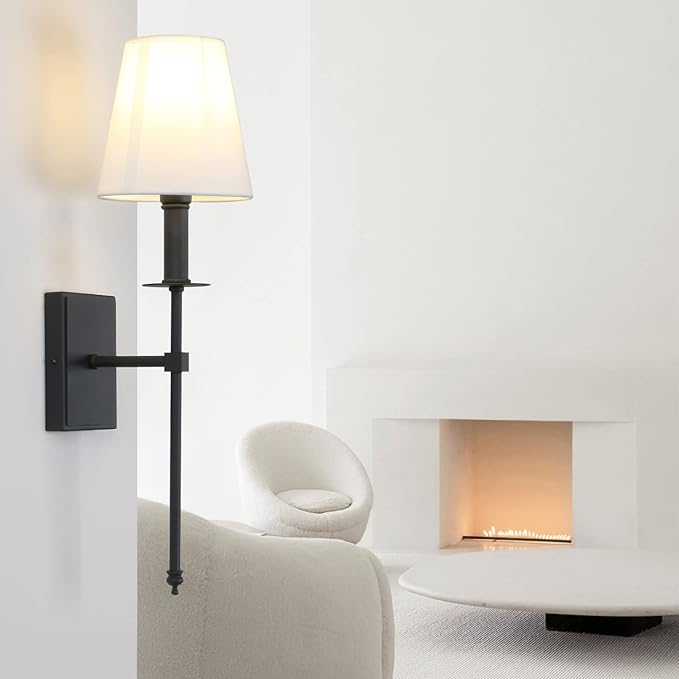 PERMO Single Classic Rustic Wall Sconce Lighting Fixture with Flared White Textile Lamp Shade and Black Tapered Column Stand, Hardwired, E26 Base