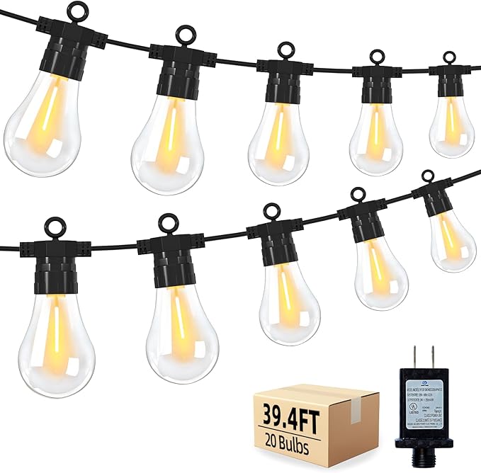 LED Outdoor String Lights with 20 Shatterproof Edison Bulbs, 39.4FT Commercial Grade Patio Lights, Replaceable Wick Outside Hanging Lights Waterproof for Porch, Deck, Garden, Backyard 2700K