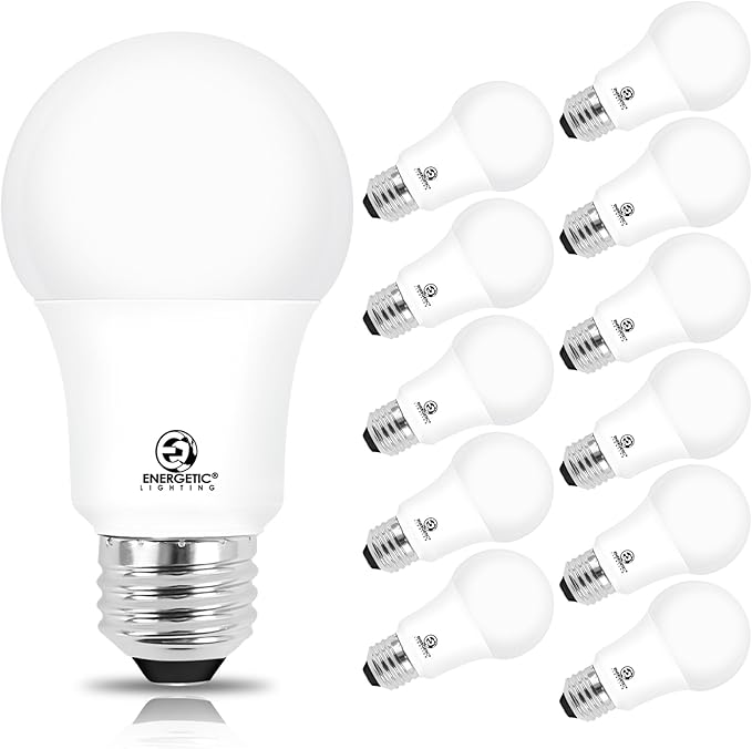 Energetic A19 LED Dimmable Light Bulbs, 100 Watt Equivalent Warm White 3000K 13.5W 1600lm, CRI80+, 15000Hrs, 12-Pack, ETL Listed