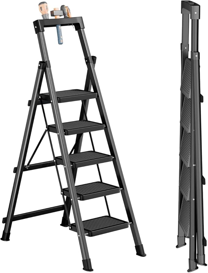 5 Step Ladder with Tool Tray,Portable Step Tool 330lb Load,Folding Step Ladder with Anti-Slip Widen Pedals,Handrail,Safe-Lock Design Carbon Steel Step Ladder for Painting Outdoor Garage+1