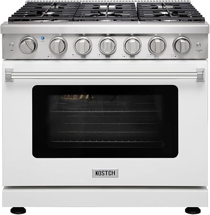 36 inch Professional Freestanding Pro-Style Natural Gas Range or Liquid Propane Gas Range with 6 Burners, 6.0 cu.ft. Oven Capacity, in Stainless Steel - KOS-36RG03M (White)