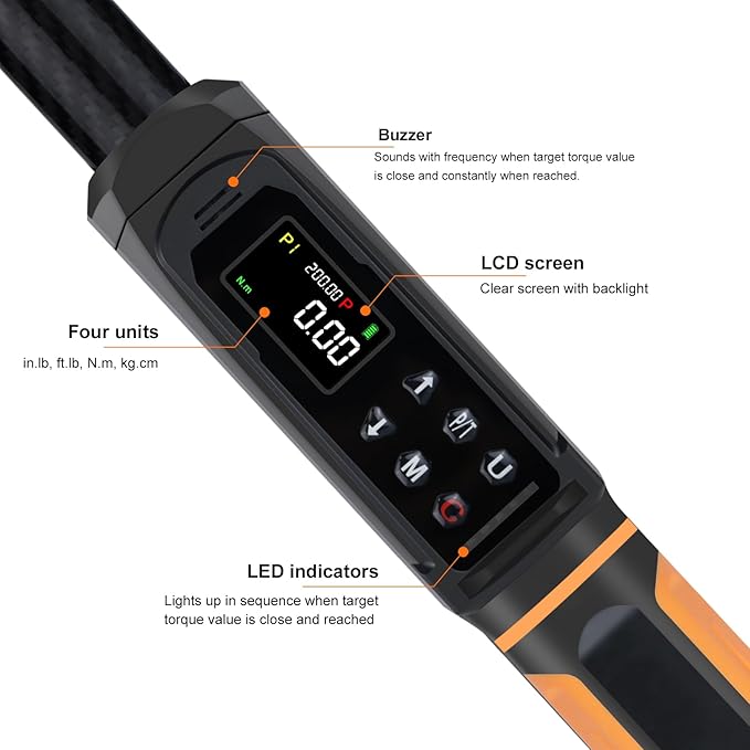 Digital Torque Wrench 1/2 Drive with Carbon Fiber Body, 2.2-147.5 Ft.lb Range, ±1% Accuracy with Vibration, Buzzer and LED Alert, Suitable for Car, Motorcycle and Bicycle