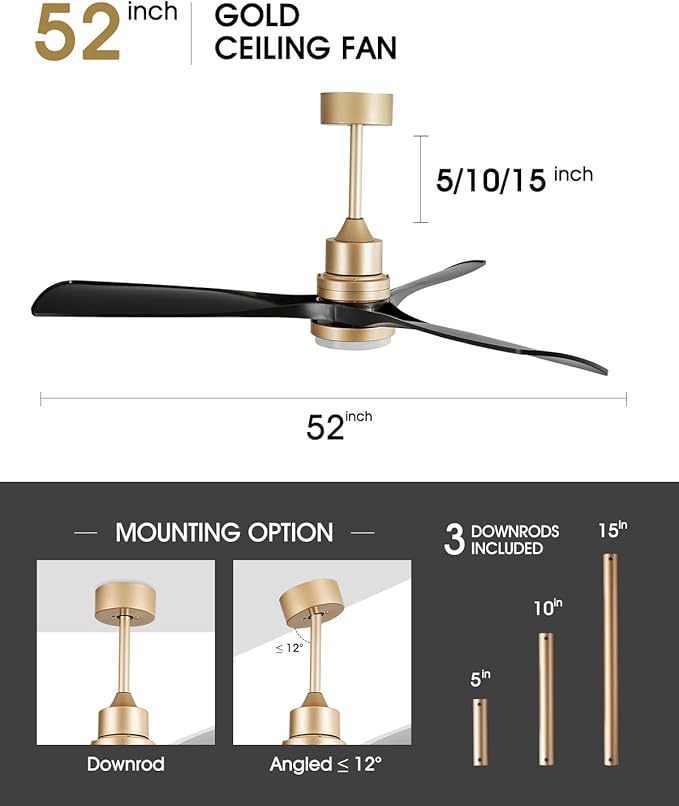 52" Modern Black and Gold Ceiling Fan with Lights and Remote, ETL Listed, 3 Downrods, 3 Wood Blade Gold Black Ceiling Fans, Reversible Quiet DC Motor, 3 Timer for Outdoor Patio Waterproof Bedroom
