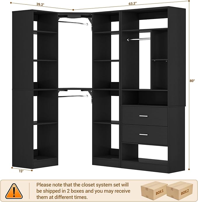 Corner Closet System with 2 Sets, 63.2" Corner Closet Organizer System with 2 Drawers + 18 Shelves + 3 Hanging Rods, Reversible L Shaped Walk-in Closets, Black (63.2" L x 39.2" W x 80" H)